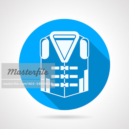 Flat blue round vector icon with white silhouette life vest on gray background. Long shadow design
