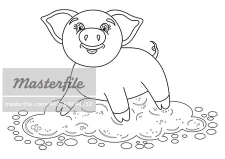 Vector illustration of cute pig in a puddle, funny piggy standing on dirt puddle, coloring book page for children