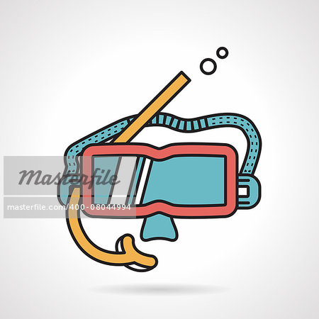 Flat color vector icon with black contour for red scuba mask with yellow snorkel on white background.
