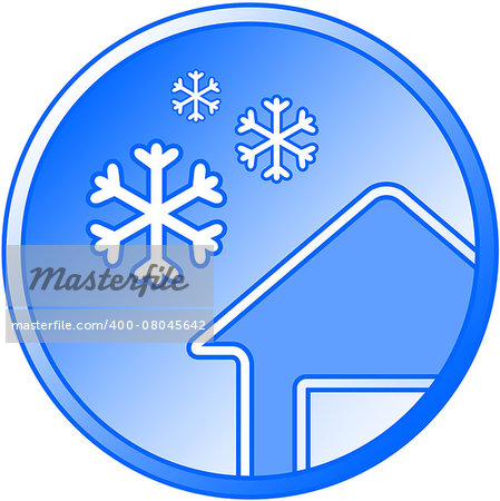 round blue winter icon with snow and house silhouette