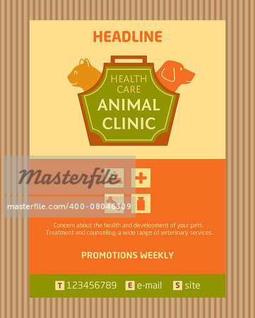 Logo for animal clinic. Brochure, Flyer design vector template in A4 size. Advertise store for pets. Icons for pet shop.