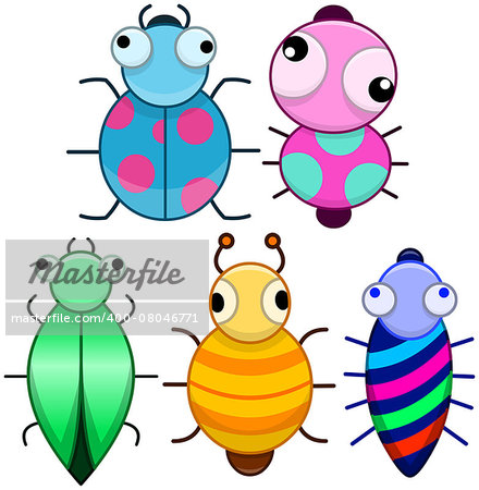 Vector illustration pack of cute colourful cartoonic little bugs.