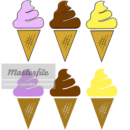 Cartoon illustration showing three different flavors of ice cream cones
