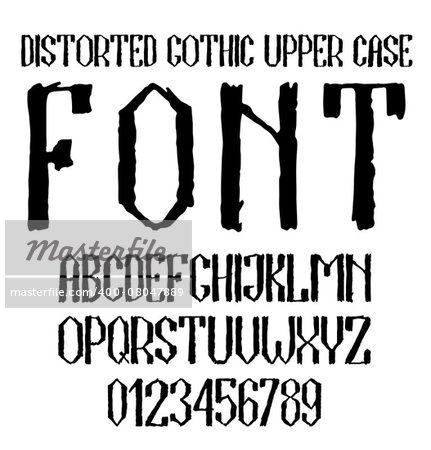 Handwritten black distorted gothic upper case alphabet with numbers. Vector illustration