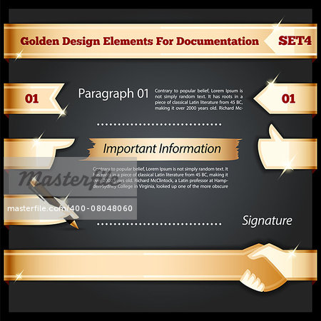 Golden Design Elements For Documentation Set4. In the EPS file, each element is grouped separately. Clipping paths included in additional jpg format.