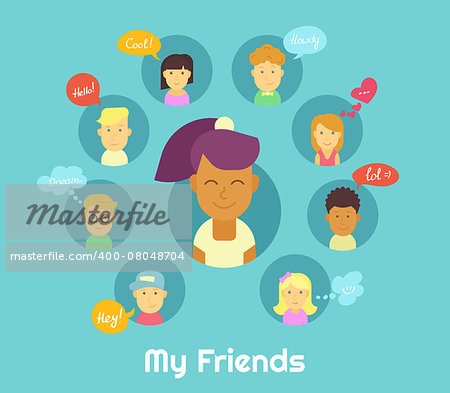 Smiling black haired girl and her friends in social networks with speech bubbles