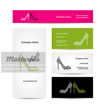 Business cards design, ornate female shoes. Vector illustration