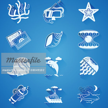 Set of white silhouette vector icons with underwater and sea leisure objects on blue background.