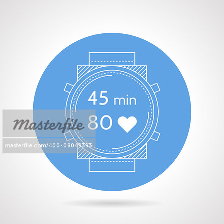 Blue round vector icon with white silhouette divers watch with time and control of pulse on gray background.