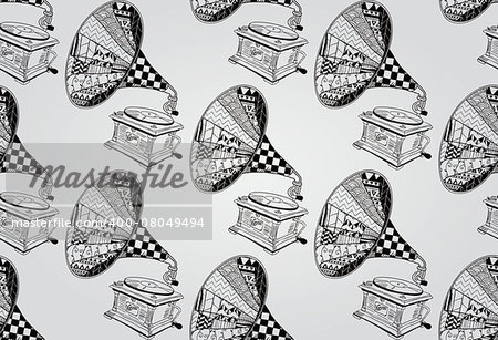 Vintage Seamless Hand Sketched Doodle Pattern with Old Gramophone. Vector Illustration with Swatches. Transparent Background