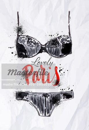 Paris poster with black lingerie with the words lovely paris painted in watercolor on crumpled paper