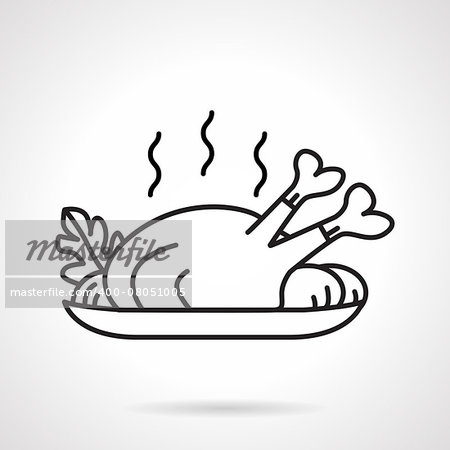 Black line vector icon for dish with baked poultry with vegetables on white background.