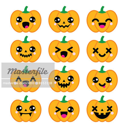 Celebrating Halloween - pumpkin with cute or scary faces icons set isolated on white