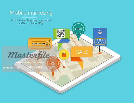 Mobile marketing and personalizing. Smartphone with map and tags. Text outlined, free font Lato