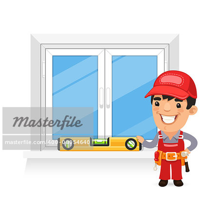 Carpenter Checks the New Window. Isolated on white background. Clipping paths included in additional jpg format.