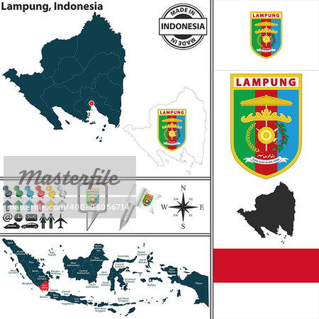 Vector map of region Lampung with coat of arms and location on Indonesian map