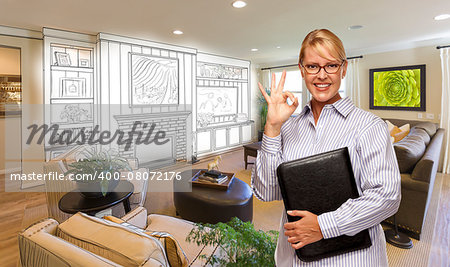 Happy Woman with Okay Sign Over Custom Living Room and Design Drawing.