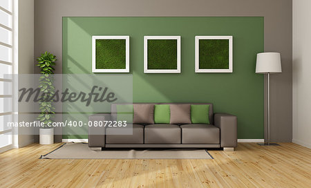 Modern living room with vertical grass in frame on wall - 3D Rendering