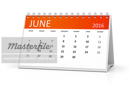 An image of a table calendar for your events 2016 June