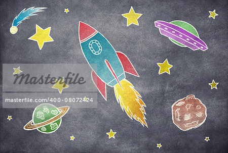 Illustration of cosmos with rocket and planets