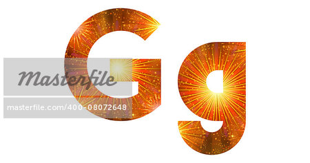 Set of English letters signs uppercase and lowercase G, stylized gold and orange holiday firework with stars and flares, elements for web design.