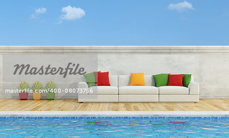 White sofa with colorful pillows near a swimming pool- 3D Rendering