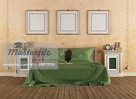 Vintage bedroom with wooden bed and pedestals - 3D Rendering