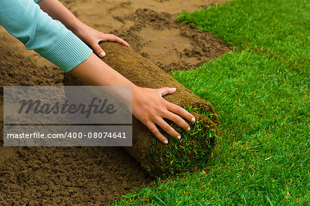 Woman applying turf rolls in the backyard