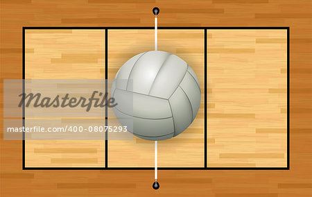 A light grey white volleyball on a hardwood volleyball court illustration. Vector EPS 10 available.