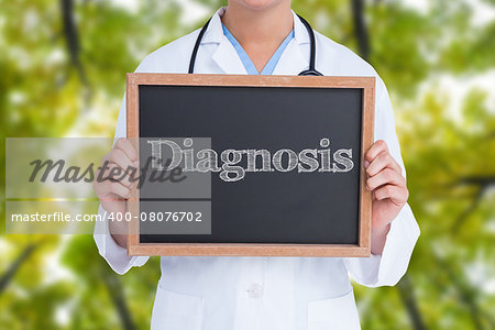 The word diagnosis and doctor showing little blackboard against low angle view of tall trees