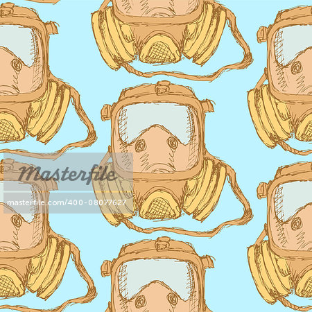 Sketch respiratory mask in vintage style, vector seamless pattern