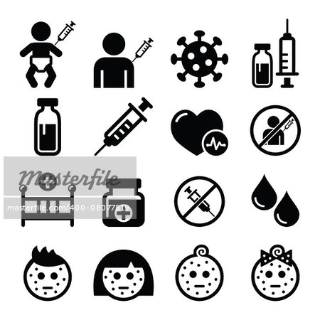 Sick child, vaccinate, medical vector icons set isolated on white