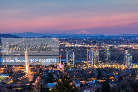 Portland Oregon South Waterfront with Ross Ialand Bridge Mount Hood Along Willamette River during Alpenglow Sunset
