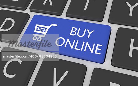 Illustration of a blue computer keyboard button with a shopping cart symbol and the words "Buy Online"