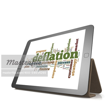 Deflation word cloud on tablet image with hi-res rendered artwork that could be used for any graphic design.