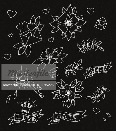 Vintage set of hand drawn traditional tattoo design elements, vector