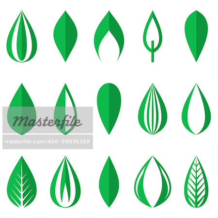 Different origami green simple leaves on white background