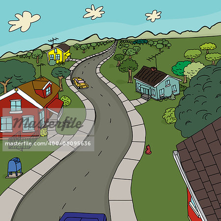 Cute cartoon scene of four houses along road