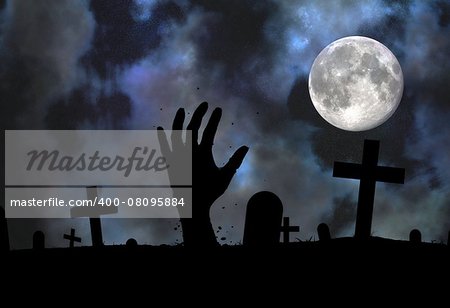 Illustration of a Zombie hand reaching up from the grave