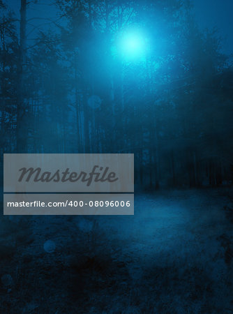 Mysterious night background with spooky foggy forest.