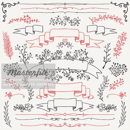 Hand Drawn Doodle Design Elements. Decorative Floral Banners, Dividers, Branches, Ribbons. Vintage Vector Illustration.