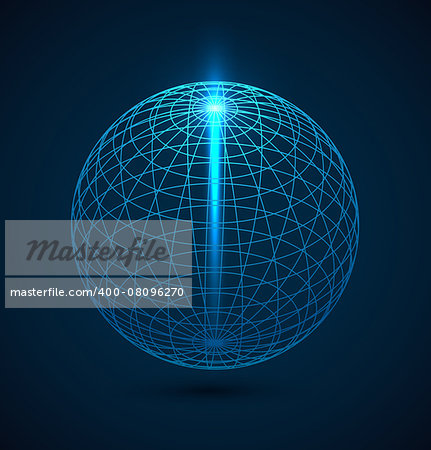 Abstract blue outline globe sphere background with ray of lihgt. Vector illustration