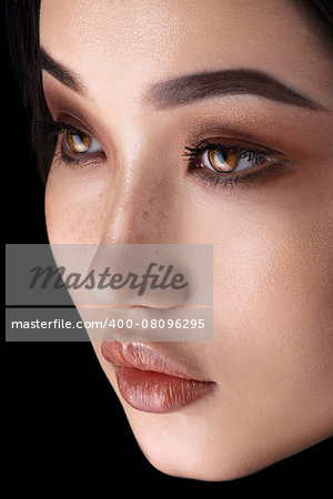 Asian woman with glamour eye make up close-up loking at the side. High resolution fashion concept