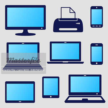 Vector modern digital device icons with blue screen
