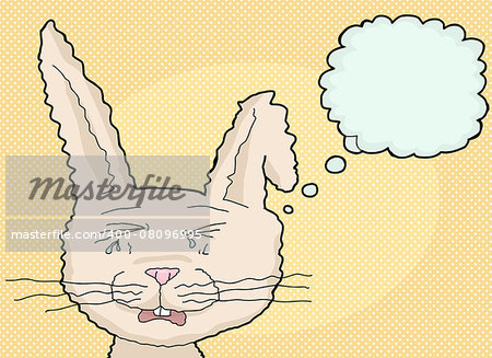 Sobbing cartoon rabbit with bent ear and thought bubble