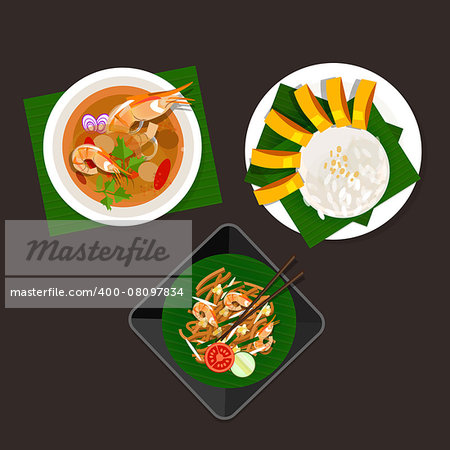 thailand food tom yum soup sticky rice mango and pad thai