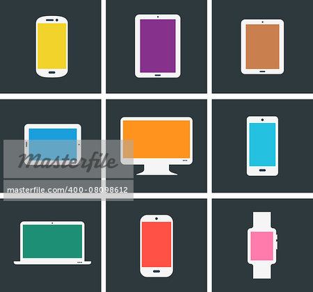 Flat design trend colored modern electronic gadgets