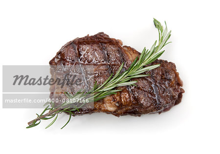 Juicy ribeye steak on white background