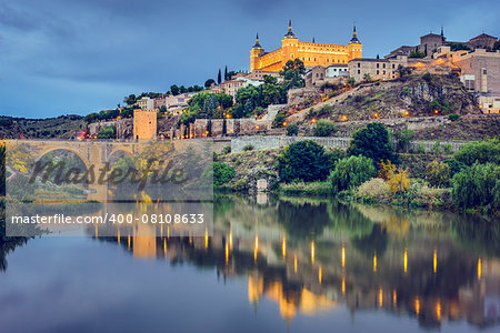 Toledo, Spain town skyline on the Tagus River.