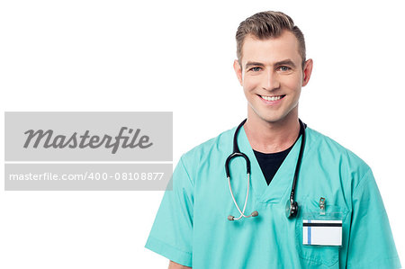 Smiling physician posing with lab coat and stethoscope